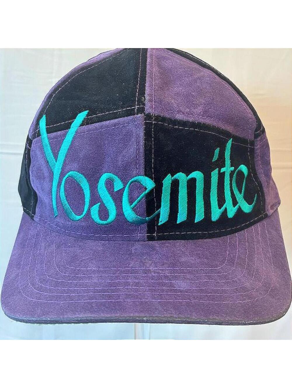 Vintage 90s Yosemite National Park Color Block Suede Snapback Cap Embroidered - Picture 2 of 6